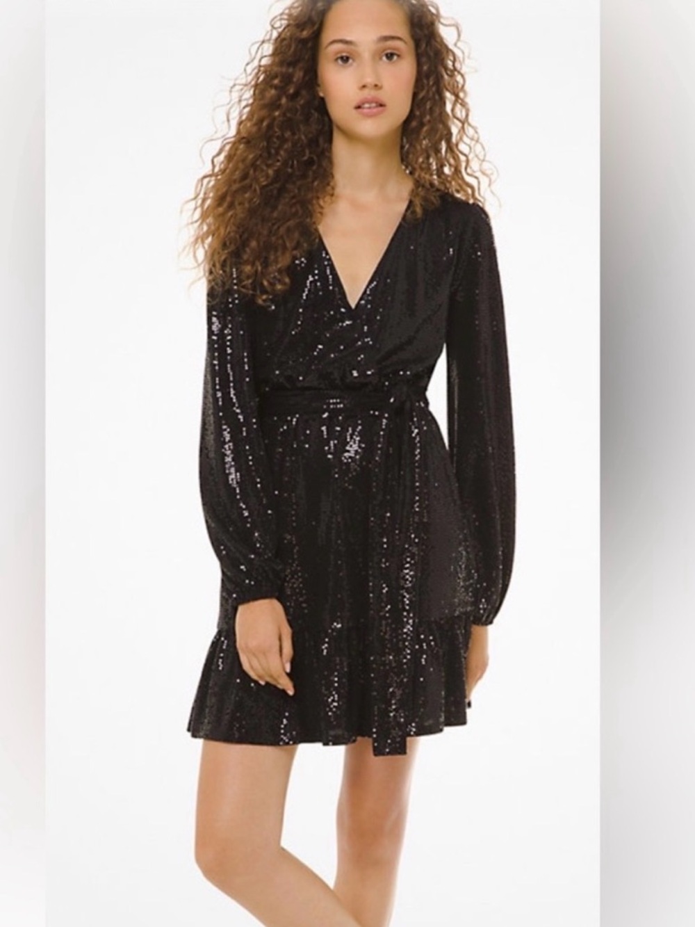 Black Sequin Faux Wrap Dress